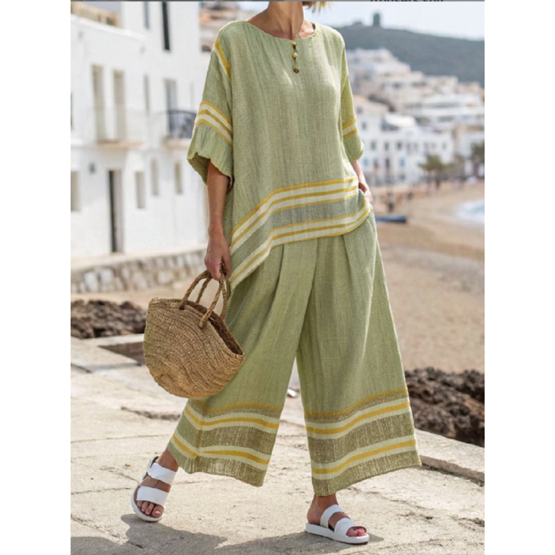 Halvina | Women's Striped Co-ord Two-Piece Set - Sage - Image 1