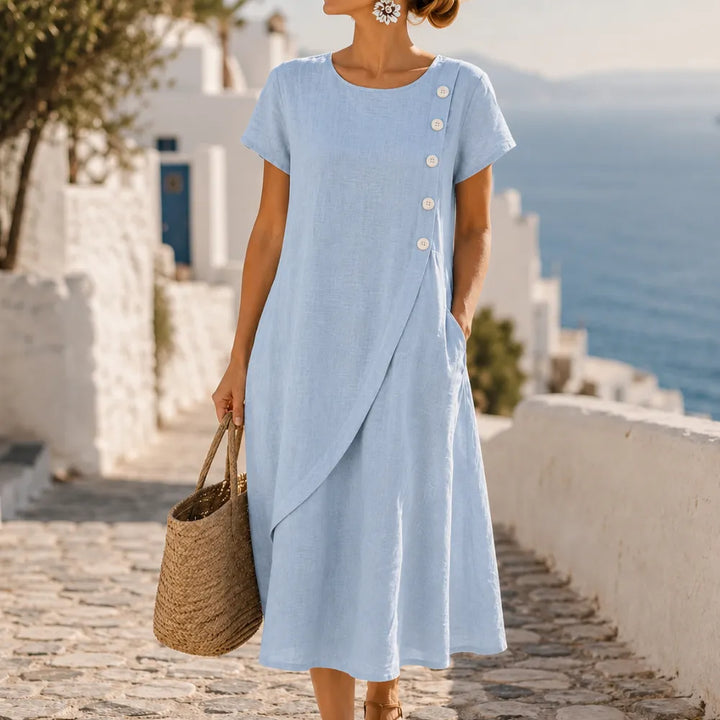 Halvine | Women's Asymmetric Button Midi Dress with Pockets - Light Blue - Image 1