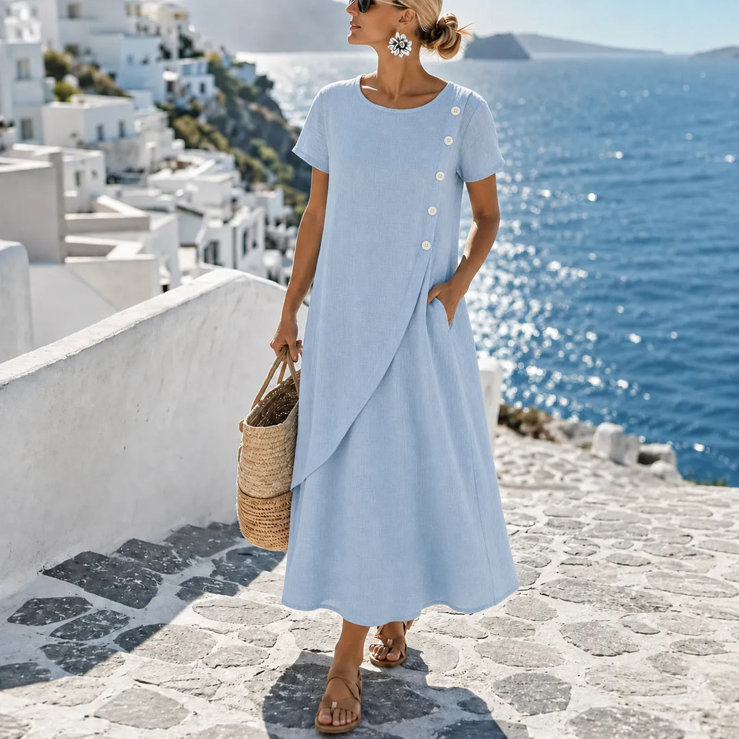 Halvine | Women's Asymmetric Button Midi Dress with Pockets - Light Blue - Image 11