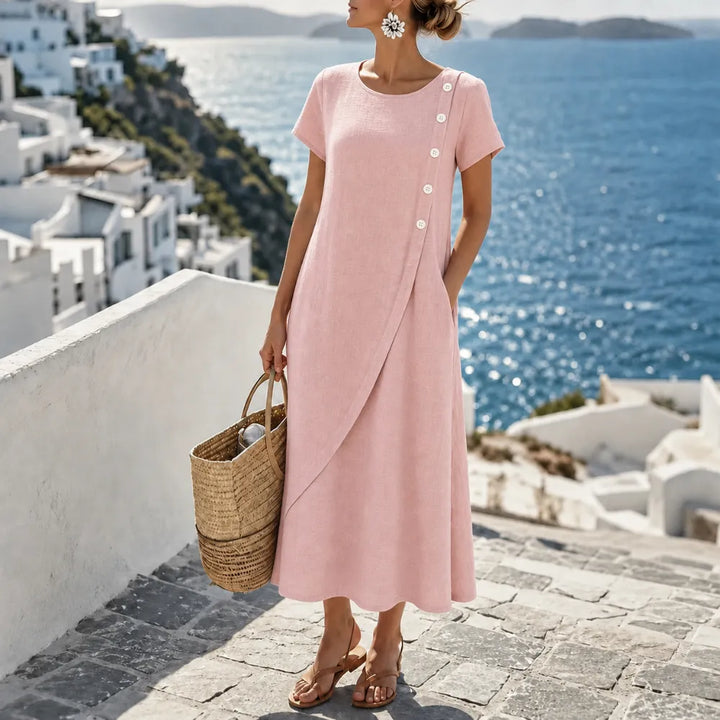 Halvine | Women's Asymmetric Button Midi Dress with Pockets - Light Blue - Image 12