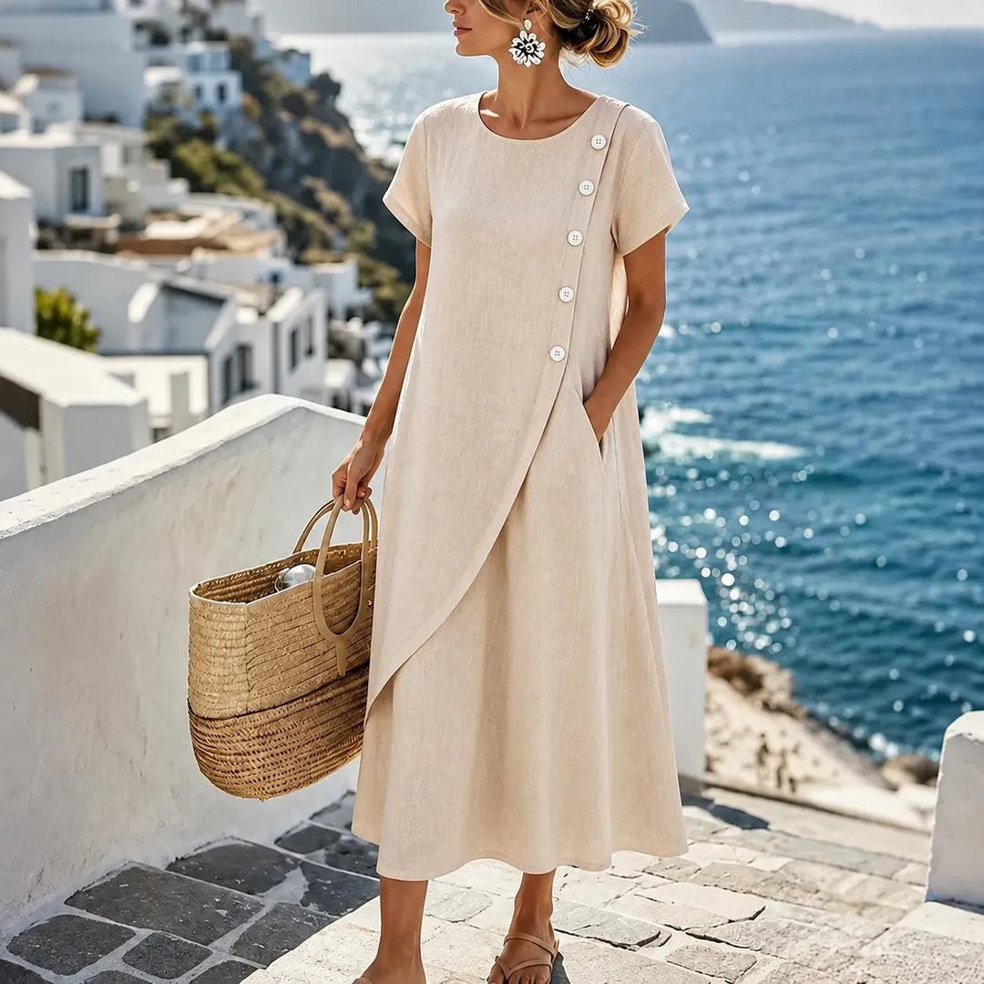 Halvine | Women's Asymmetric Button Midi Dress with Pockets - Light Blue - Image 13