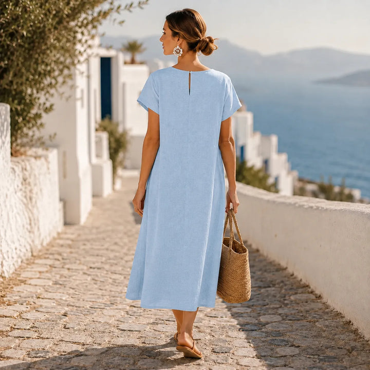 Halvine | Women's Asymmetric Button Midi Dress with Pockets - Light Blue - Image 2