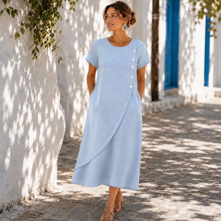 Halvine | Women's Asymmetric Button Midi Dress with Pockets - Light Blue - Image 4