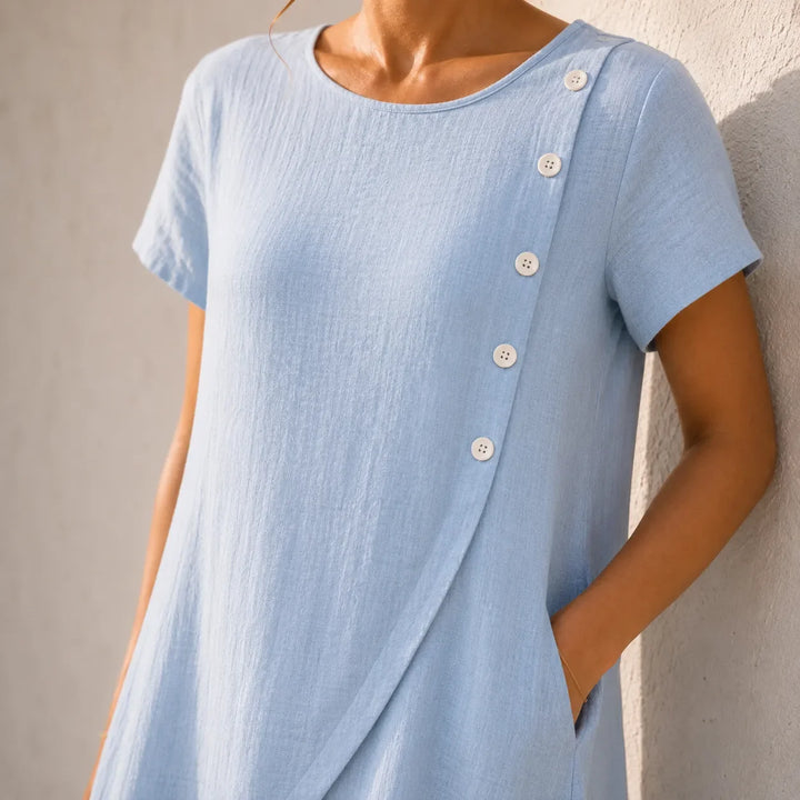 Halvine | Women's Asymmetric Button Midi Dress with Pockets - Light Blue - Image 5