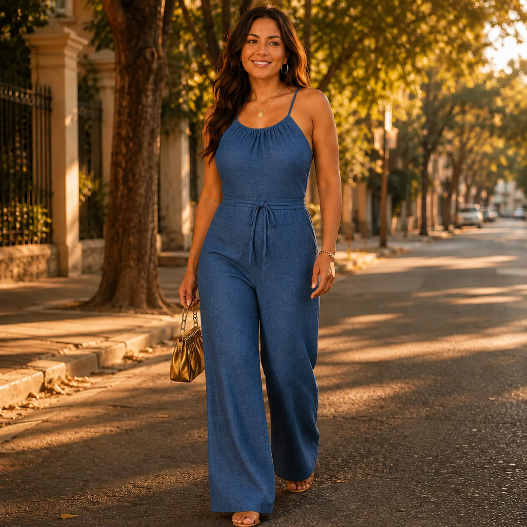 Halvine | Women's Halter Wide-Leg Jumpsuit - Blue - Image 3