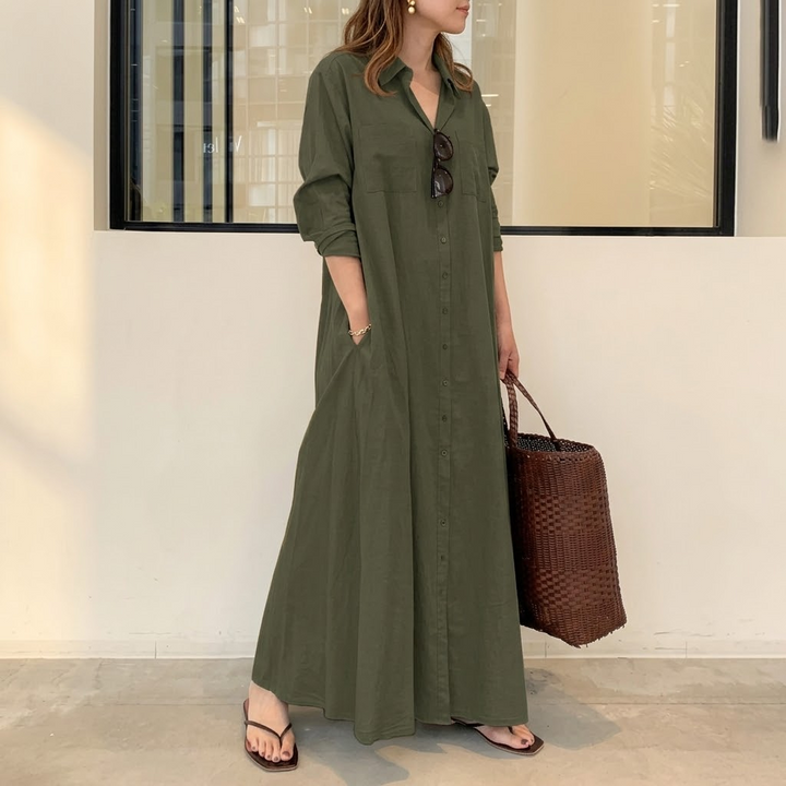 Halvine | Women's Maxi Shirt Dress with Pockets - Olive Green - Image 1