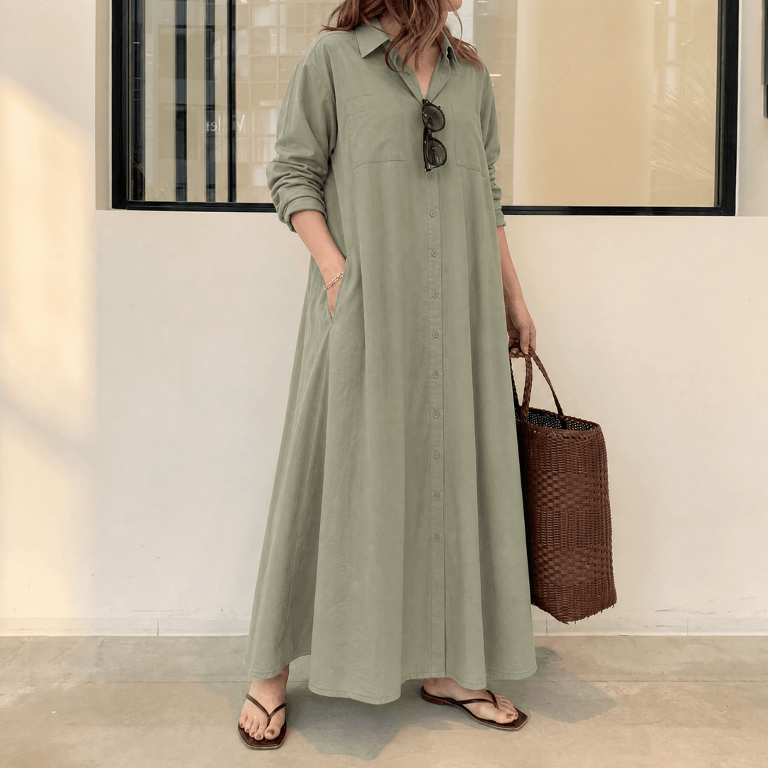 Halvine | Women's Maxi Shirt Dress with Pockets - Olive Green - Image 11