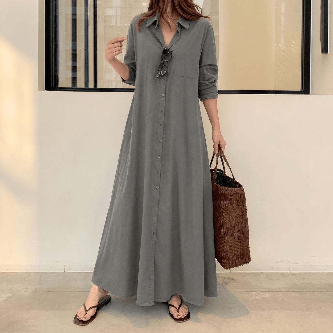 Halvine | Women's Maxi Shirt Dress with Pockets - Olive Green - Image 12