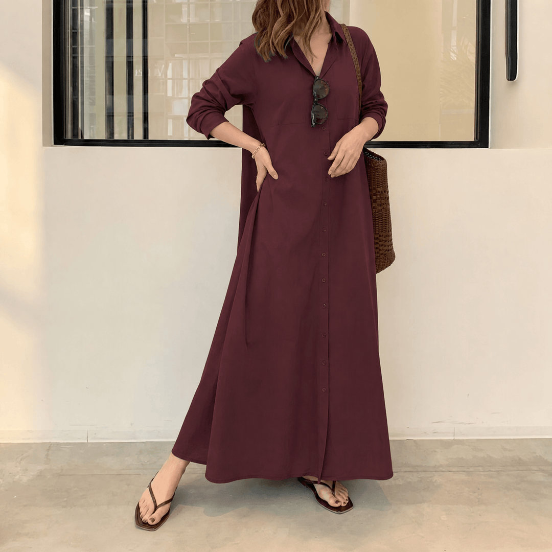 Halvine | Women's Maxi Shirt Dress with Pockets - Olive Green - Image 14
