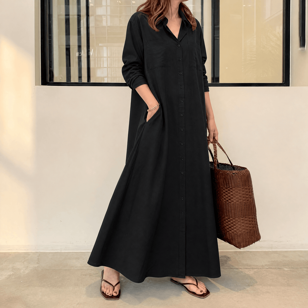 Halvine | Women's Maxi Shirt Dress with Pockets - Olive Green - Image 15