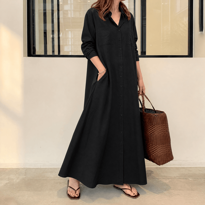 Halvine | Women's Maxi Shirt Dress with Pockets - Olive Green - Image 15