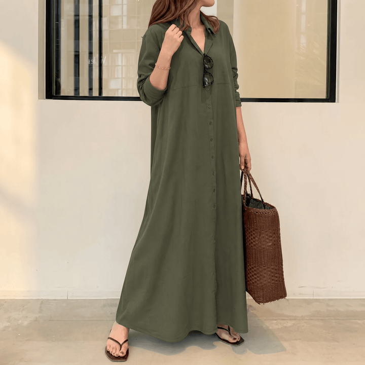 Halvine | Women's Maxi Shirt Dress with Pockets - Olive Green - Image 16