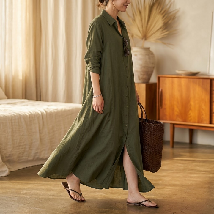 Halvine | Women's Maxi Shirt Dress with Pockets - Olive Green - Image 2