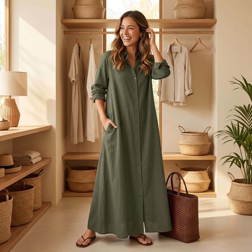 Halvine | Women's Maxi Shirt Dress with Pockets - Olive Green - Image 3