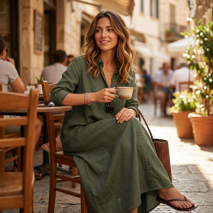 Halvine | Women's Maxi Shirt Dress with Pockets - Olive Green - Image 4