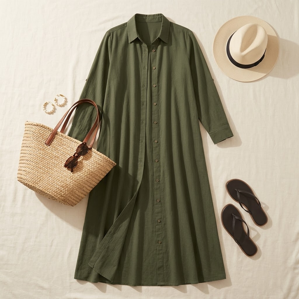 Halvine | Women's Maxi Shirt Dress with Pockets - Olive Green - Image 5
