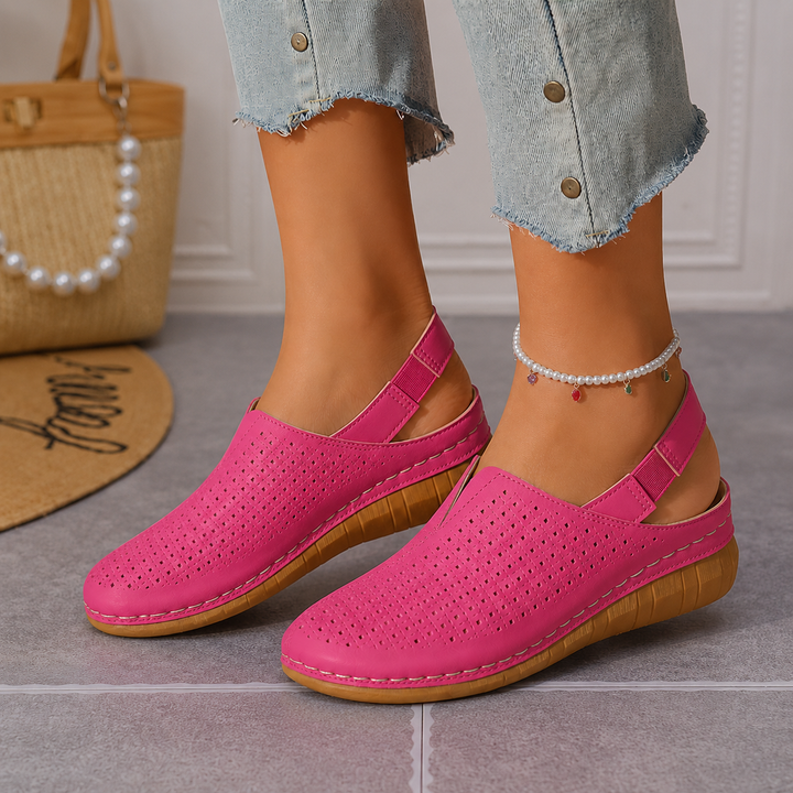 Halvine | Women's Perforated Wedge Slingback Sandal - Hot Pink - Image 1