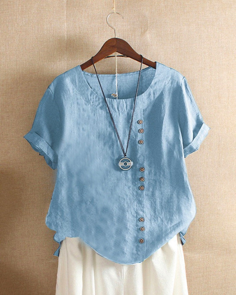 Halvorn | Women's Boho Short Sleeve Linen Tunic Top - White - Image 7
