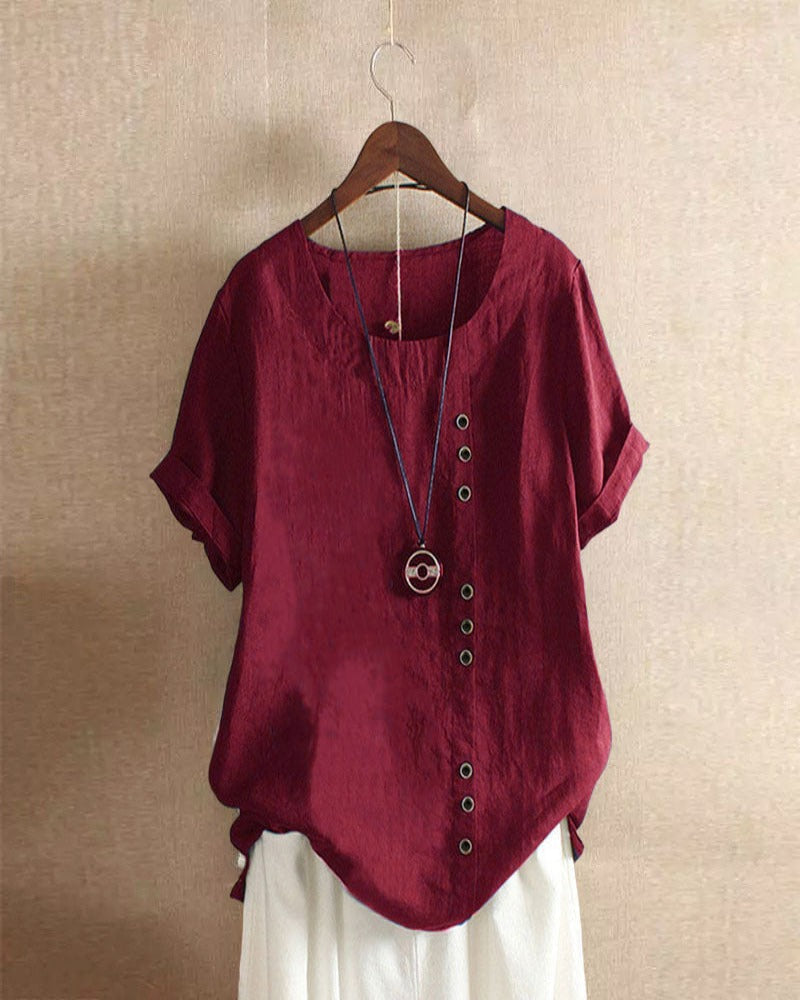 Halvorn | Women's Boho Short Sleeve Linen Tunic Top - White - Image 9
