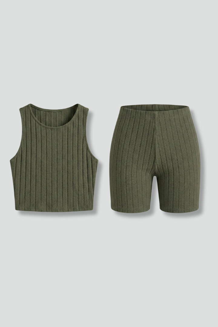 Halvorn | Women's Ribbed Crop Top & Shorts Set - Olive Green - Image 2