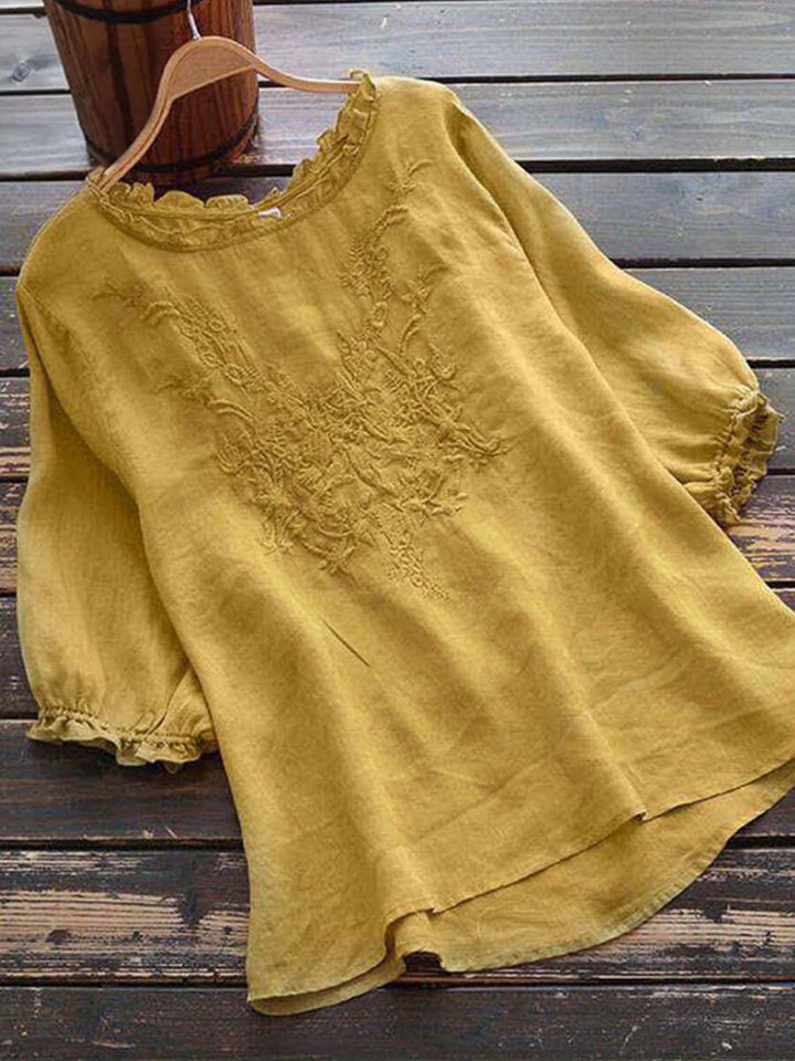 Halvorne | Women's Boho Embroidered Linen Blouse - Yellow - Image 1