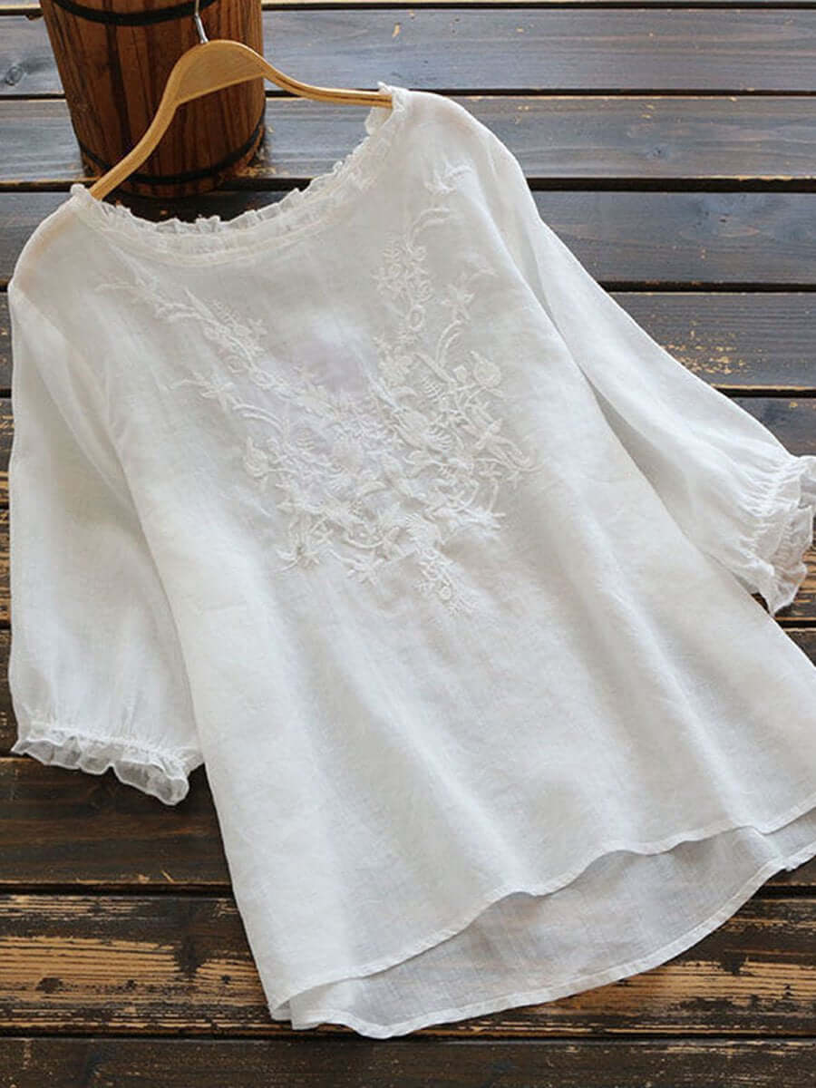 Halvorne | Women's Boho Embroidered Linen Blouse - Yellow - Image 2
