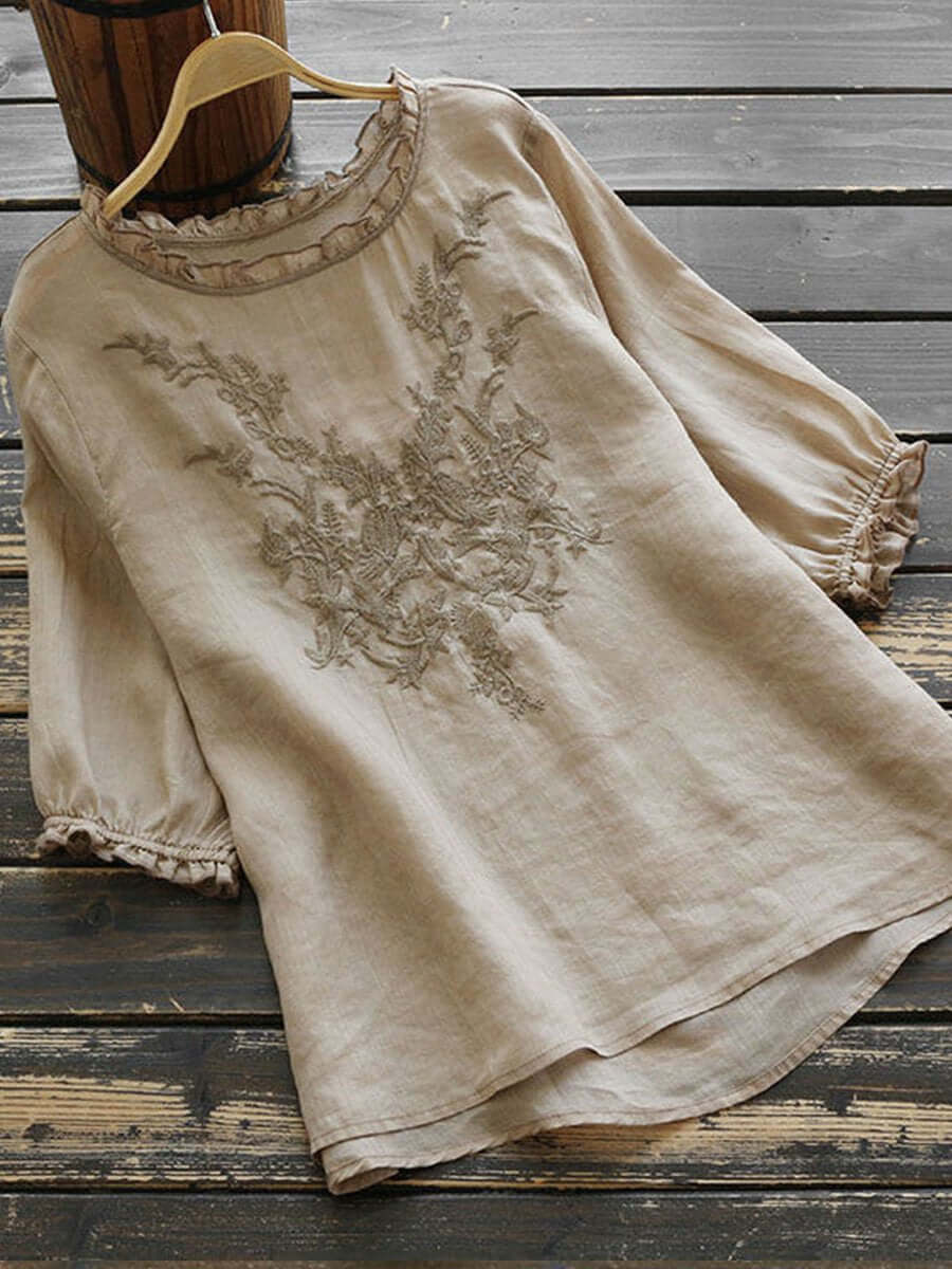 Halvorne | Women's Boho Embroidered Linen Blouse - Yellow - Image 3