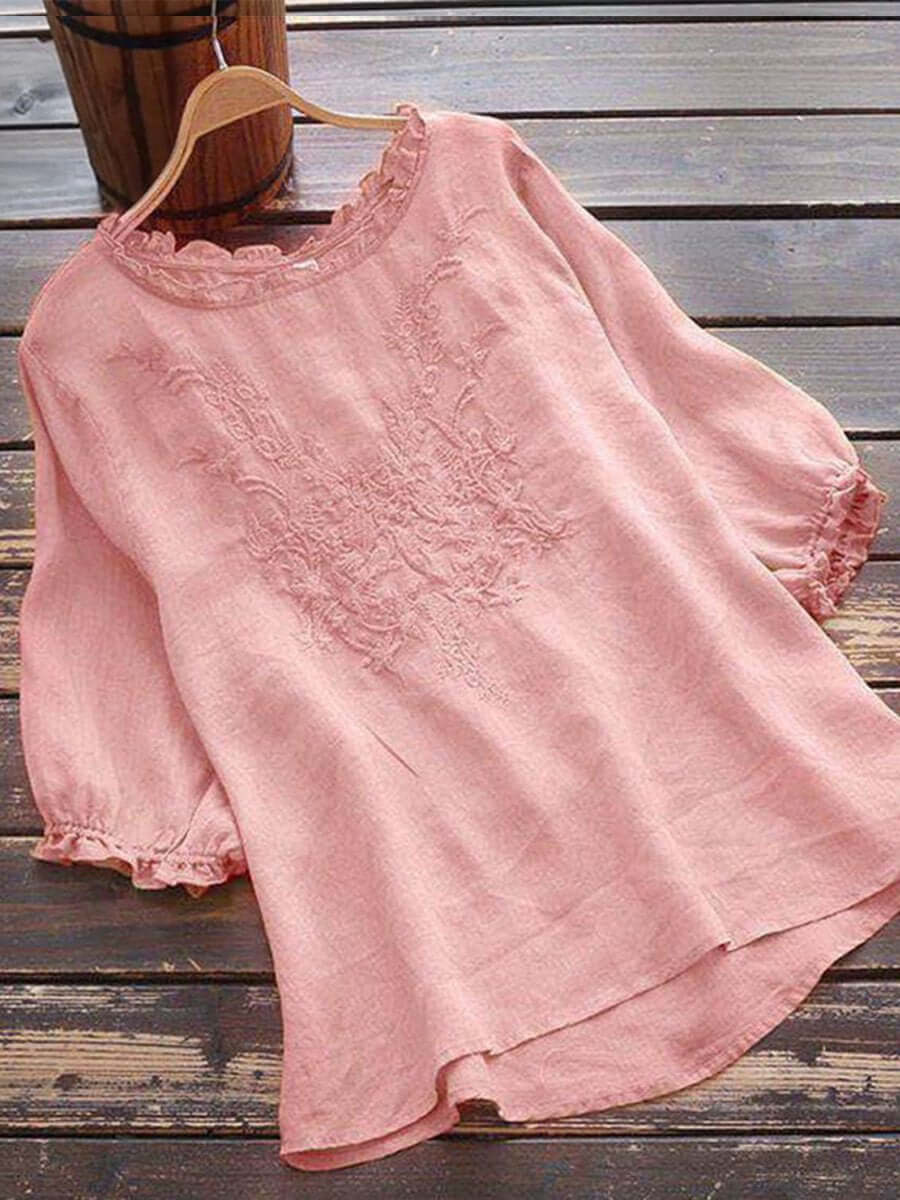 Halvorne | Women's Boho Embroidered Linen Blouse - Yellow - Image 4