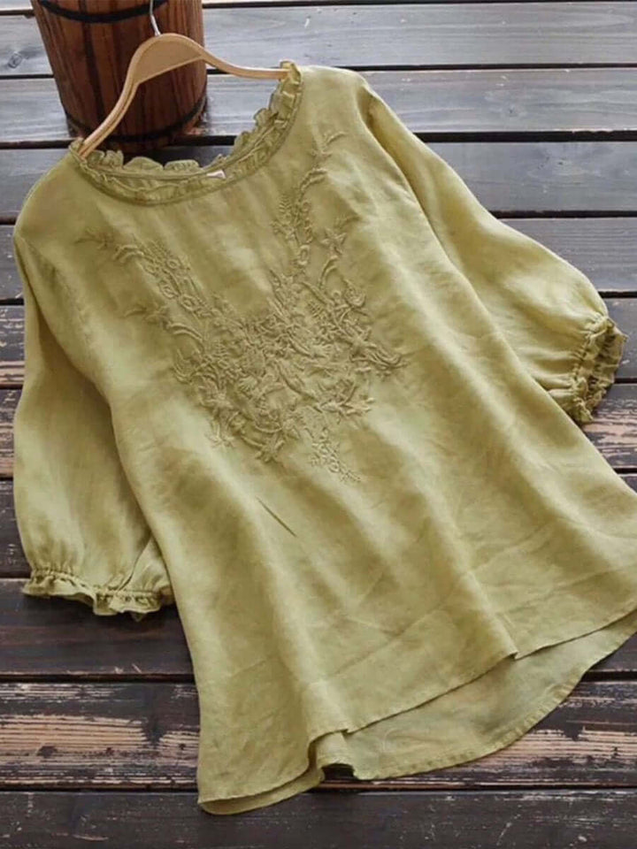 Halvorne | Women's Boho Embroidered Linen Blouse - Yellow - Image 5