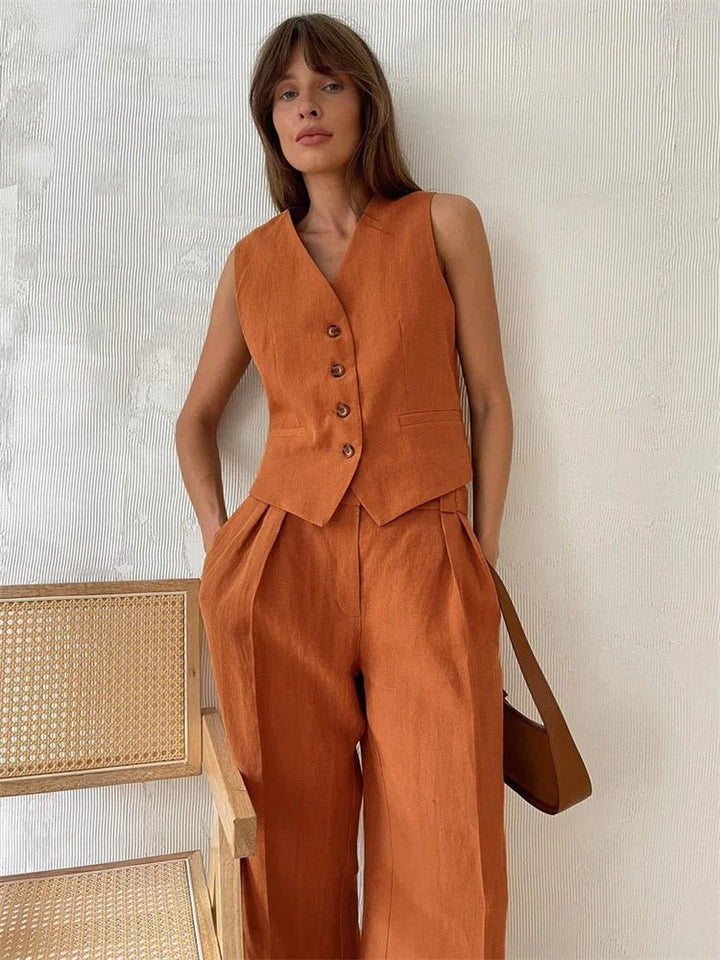 Halvorne | Women's Linen Two Piece Set Wide Leg - Orange - Image 1