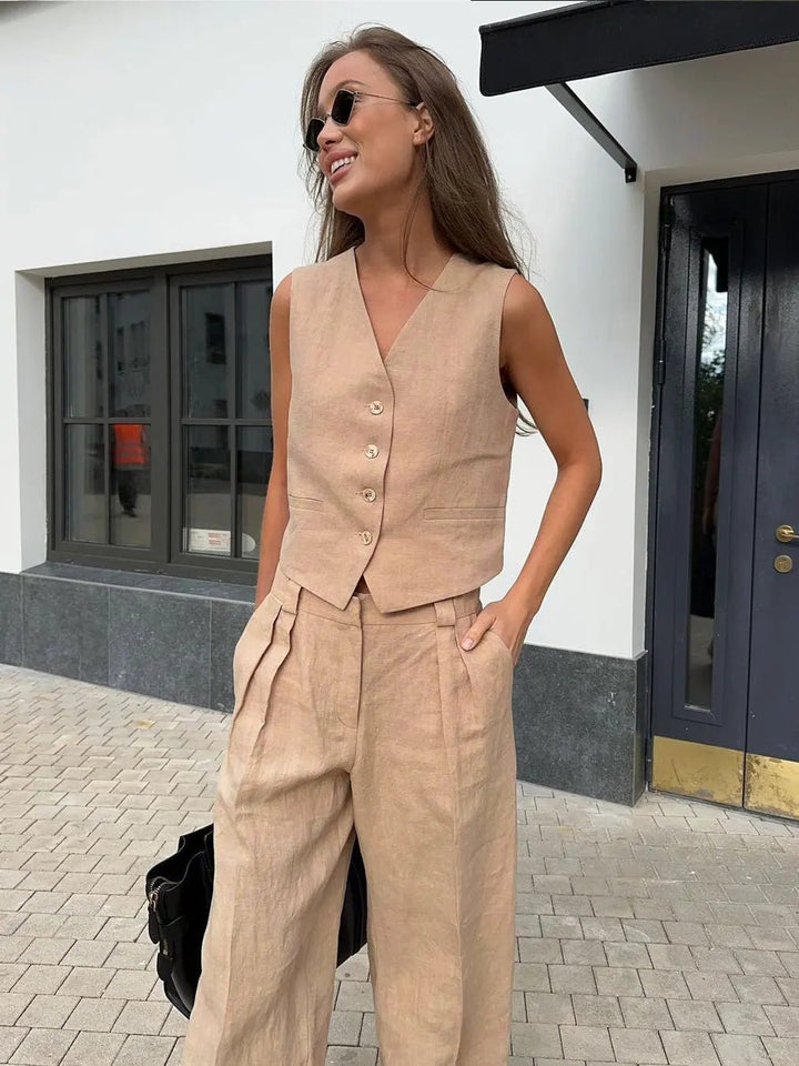 Halvorne | Women's Linen Two Piece Set Wide Leg - Orange - Image 10