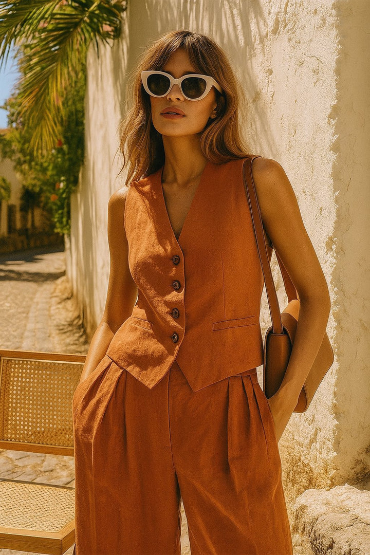 Halvorne | Women's Linen Two Piece Set Wide Leg - Orange - Image 13