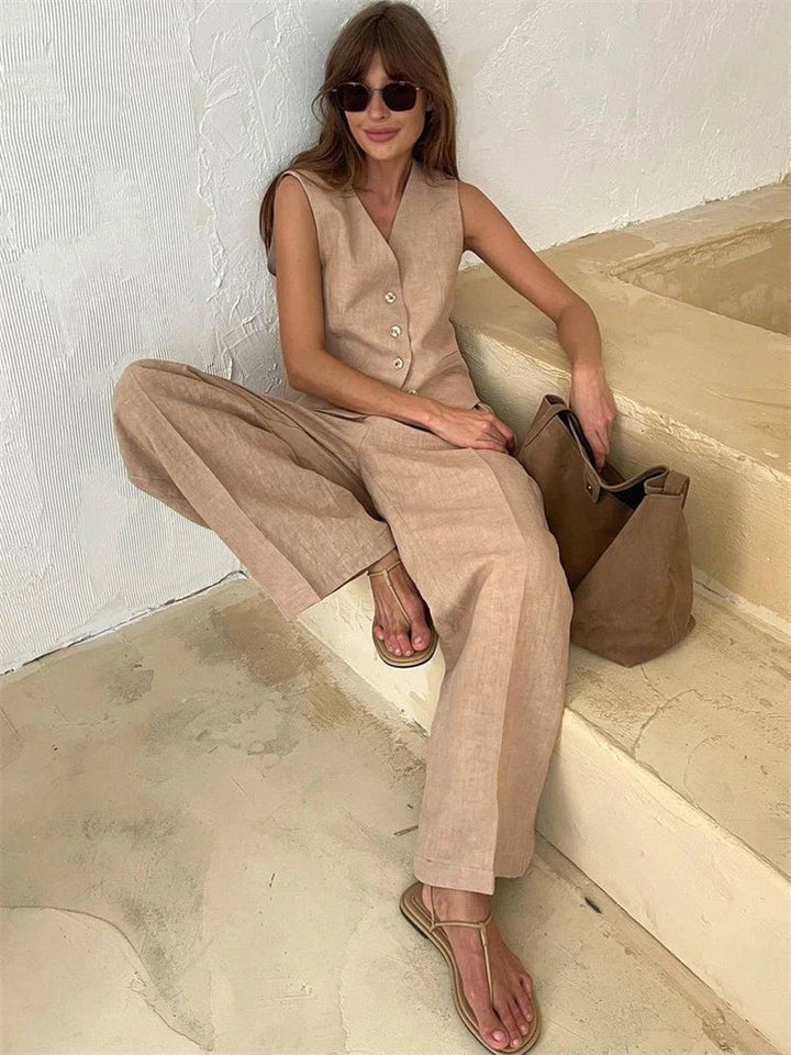 Halvorne | Women's Linen Two Piece Set Wide Leg - Orange - Image 2