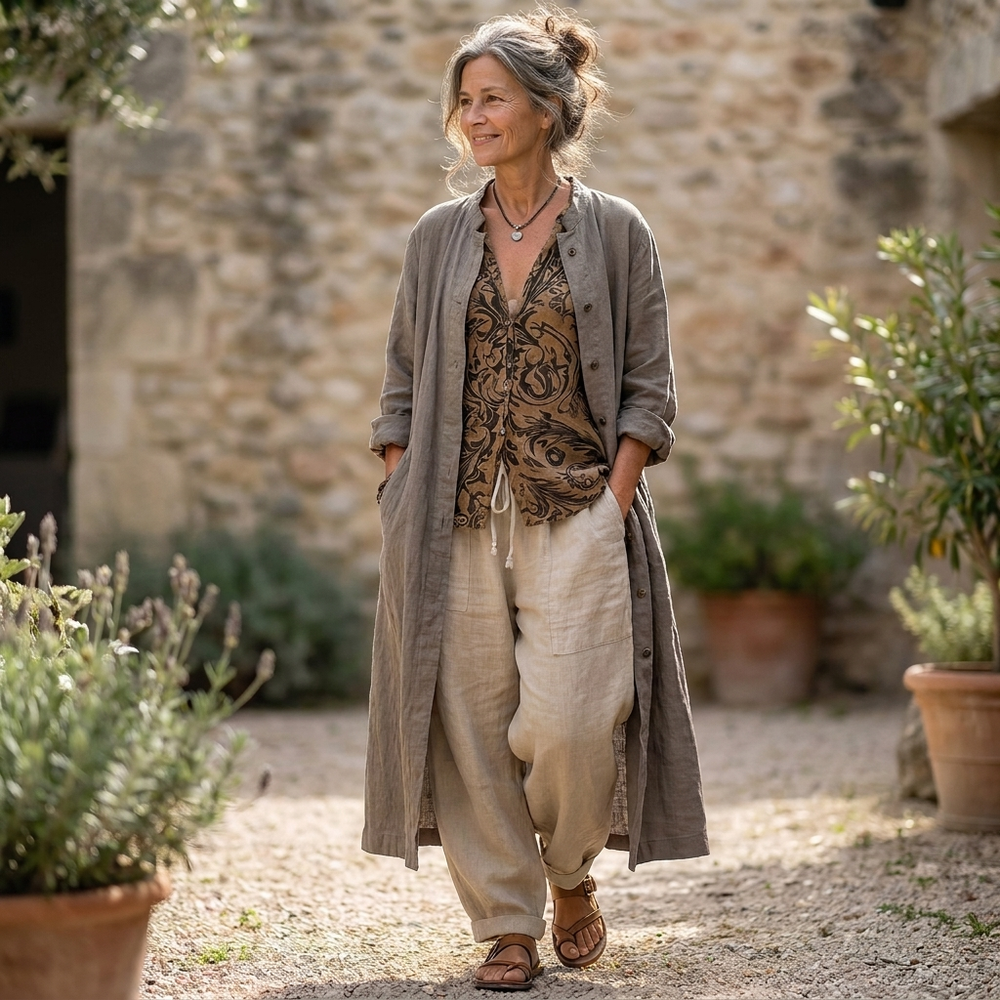 Halvorne | Women's Linen Two-Piece Set Wide-Leg - Taupe - Image 2
