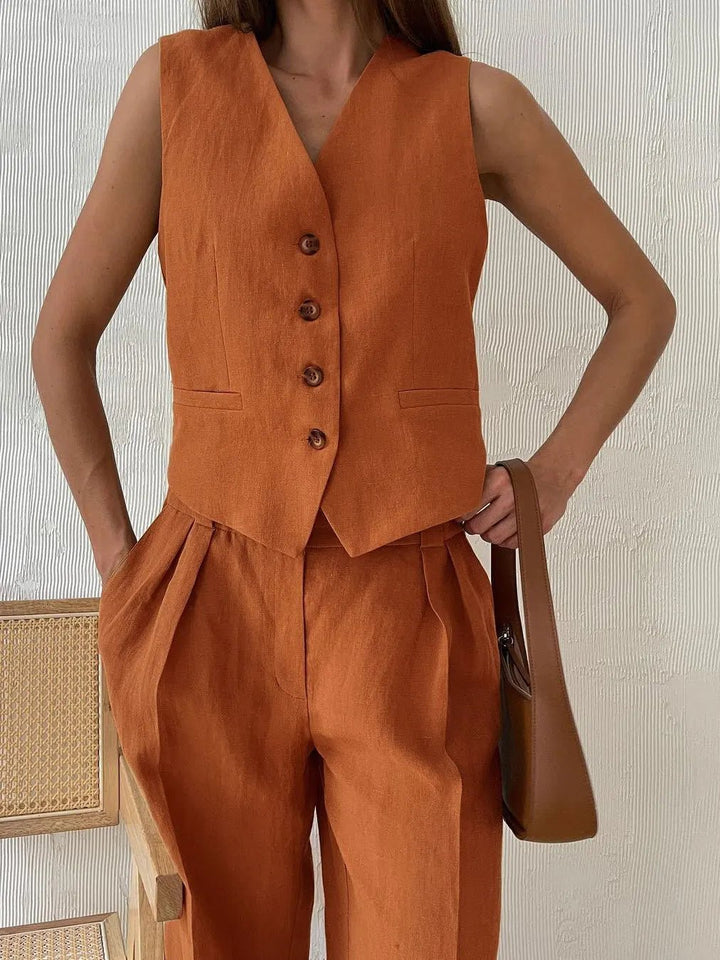 Halvorne | Women's Linen Two Piece Set Wide Leg - Orange - Image 4