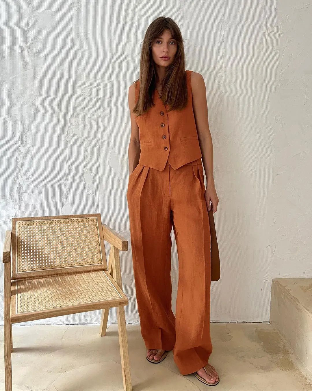 Halvorne | Women's Linen Two Piece Set Wide Leg - Orange - Image 5