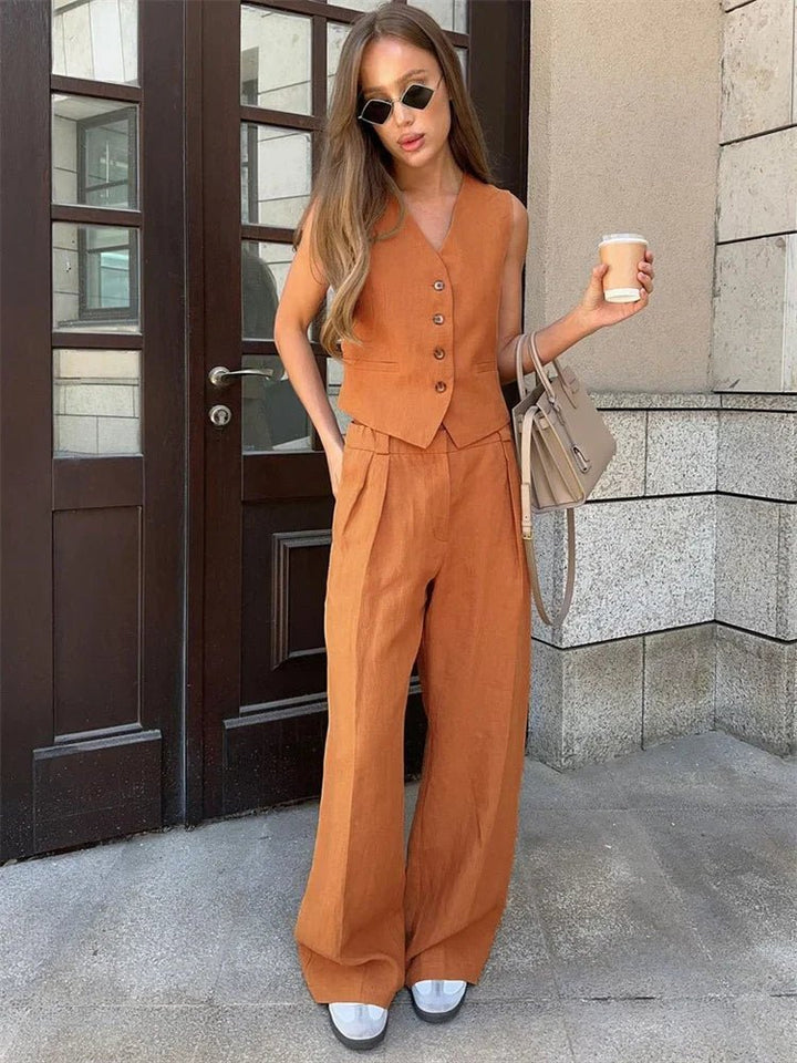 Halvorne | Women's Linen Two Piece Set Wide Leg - Orange - Image 6