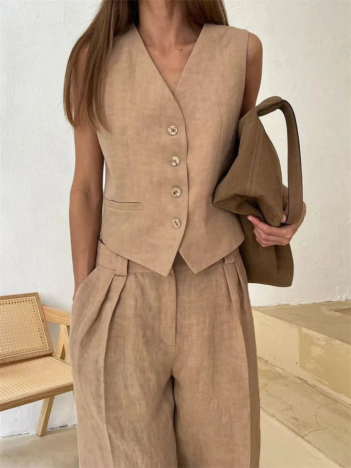 Halvorne | Women's Linen Two Piece Set Wide Leg - Orange - Image 7