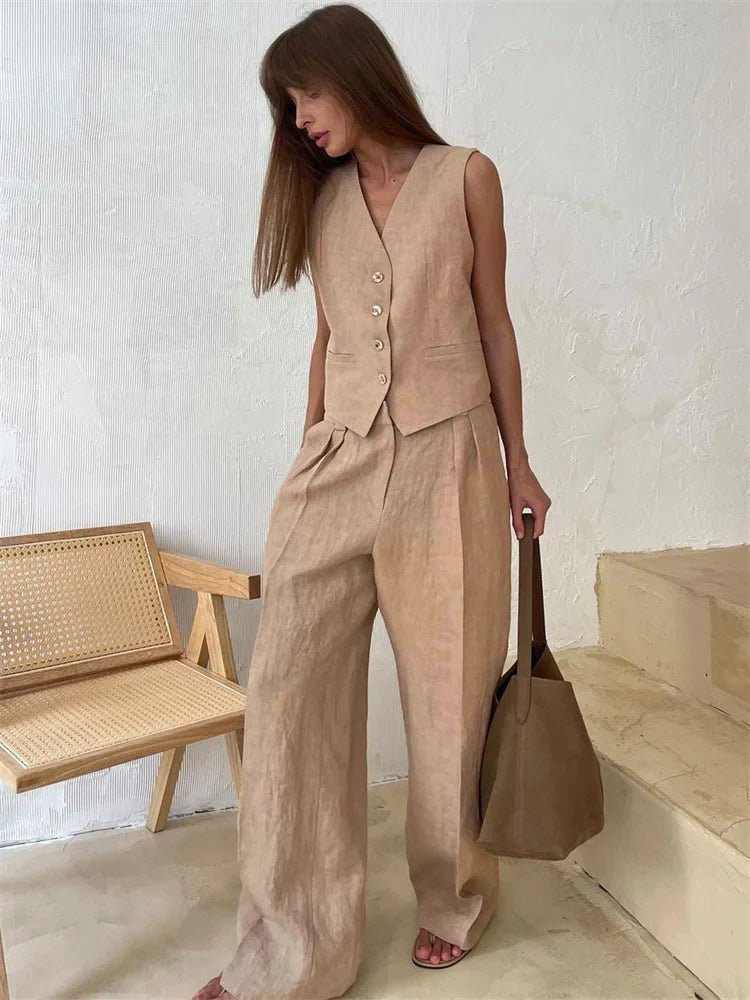 Halvorne | Women's Linen Two Piece Set Wide Leg - Orange - Image 8