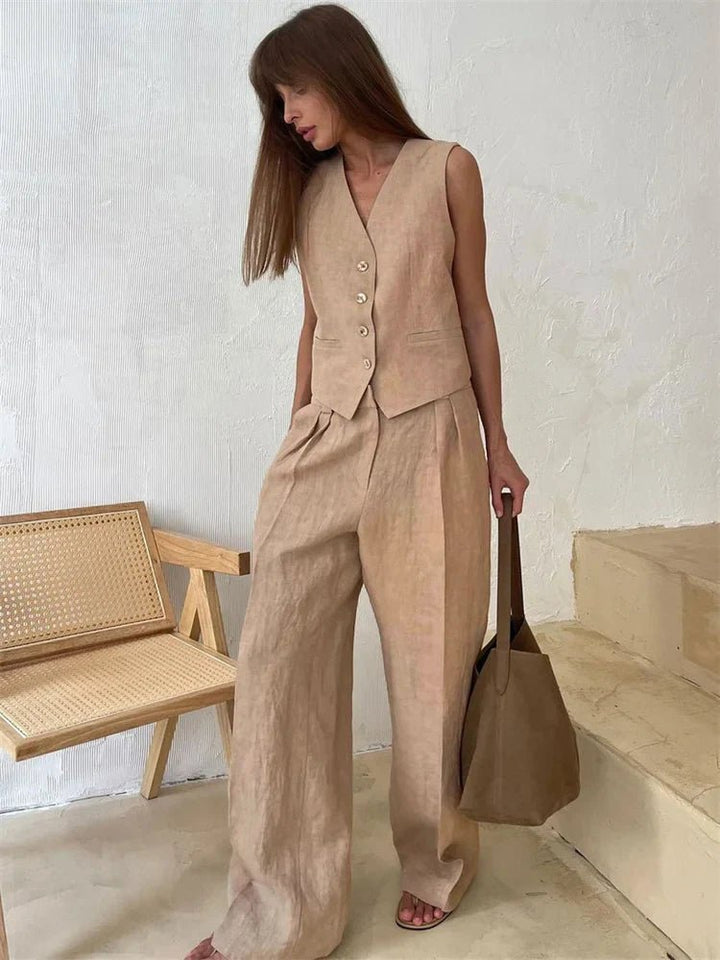 Halvorne | Women's Linen Two Piece Set Wide Leg - Orange - Image 8