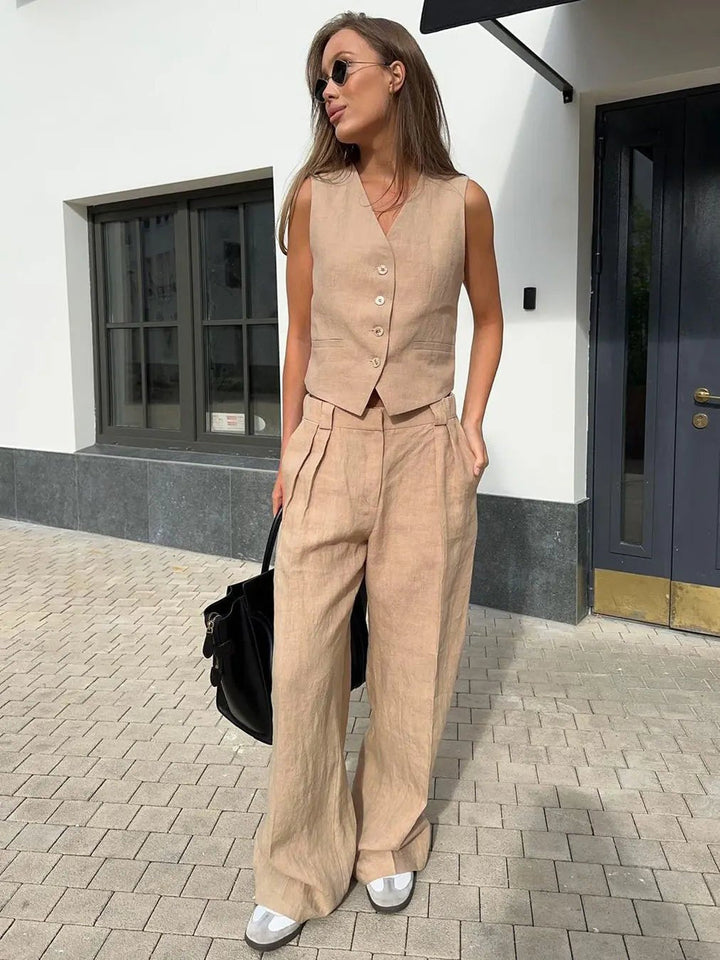 Halvorne | Women's Linen Two Piece Set Wide Leg - Orange - Image 9
