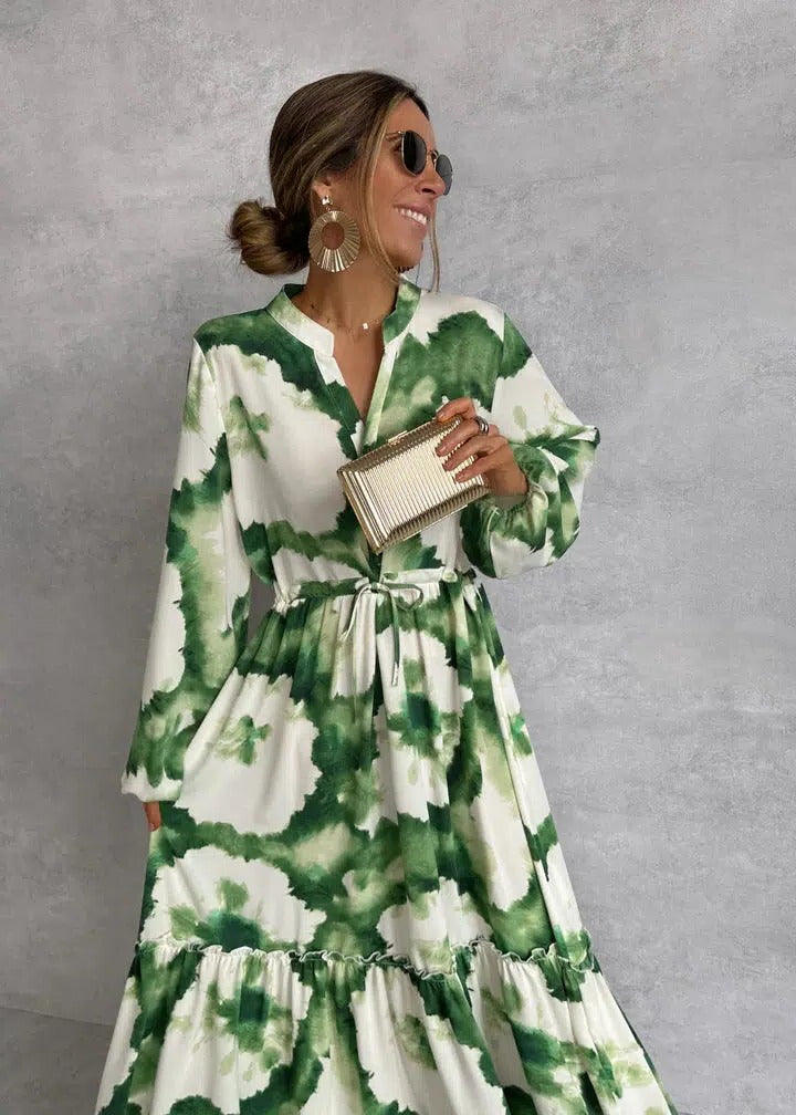 Sage | Women's Printed V-Neck Long Sleeve Tiered Maxi Dress