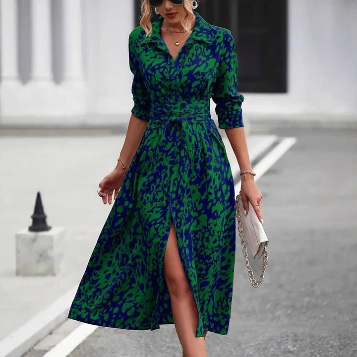 Vivienne | Women's Printed Button Down Midi Dress Waist Tie