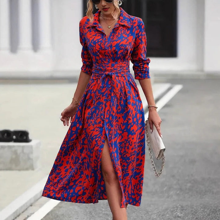 Vivienne | Women's Printed Button Down Midi Dress Waist Tie