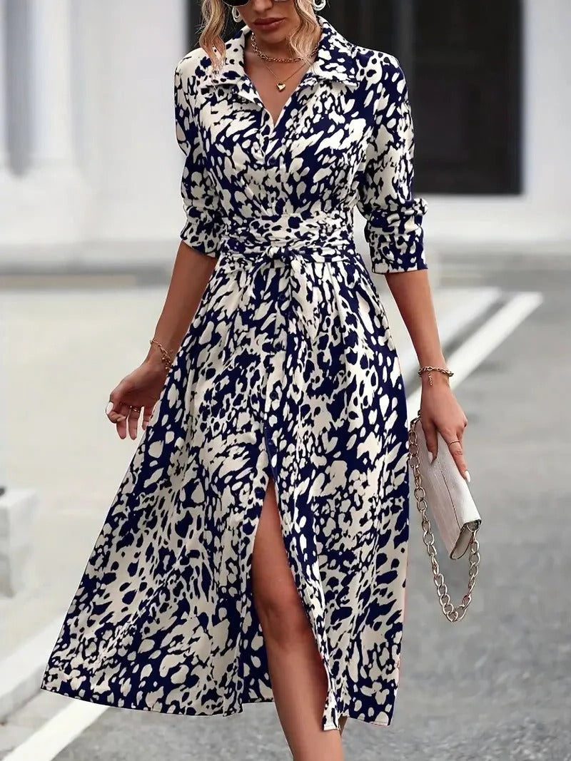 Vivienne | Women's Printed Button Down Midi Dress Waist Tie
