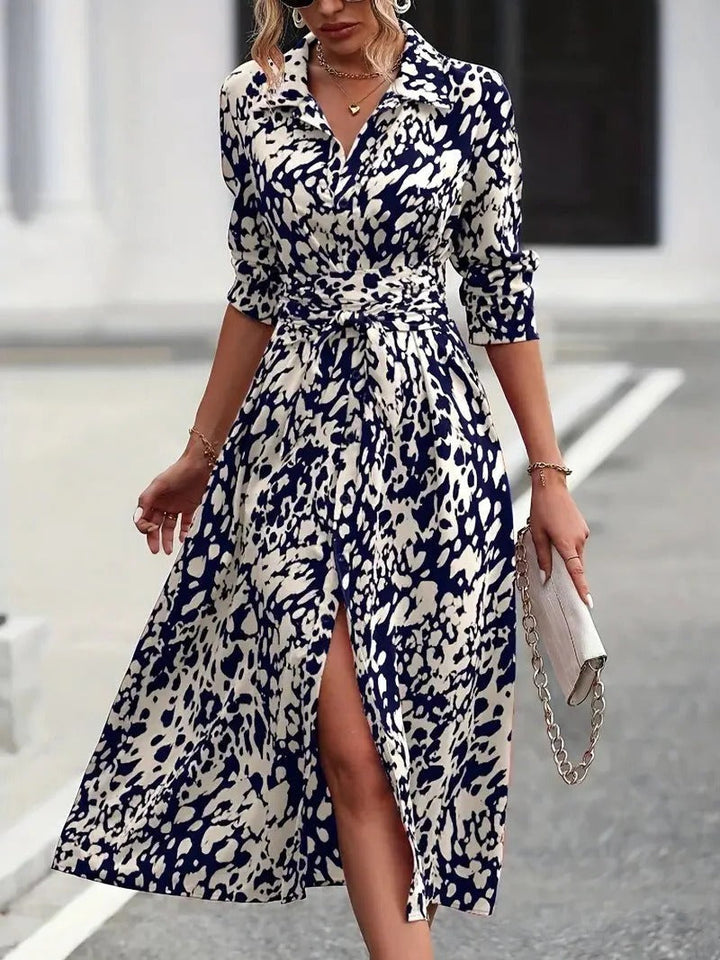 Vivienne | Women's Printed Button Down Midi Dress Waist Tie