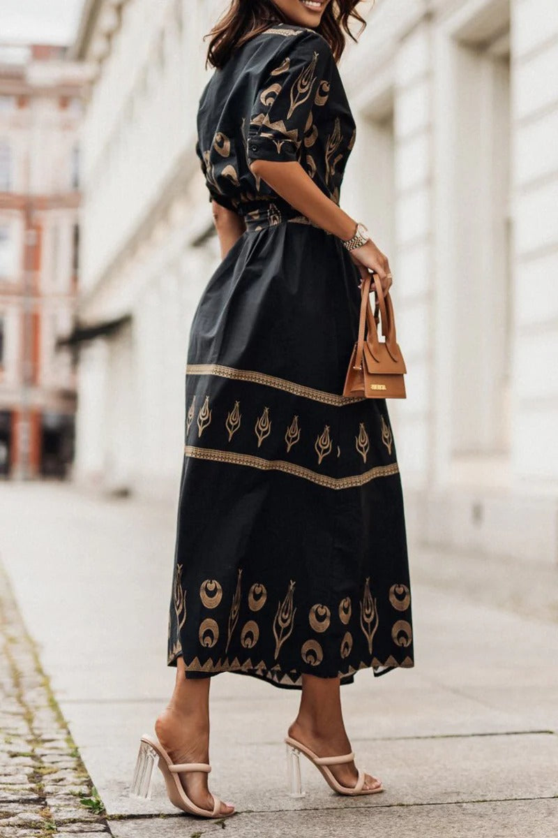 Ines | Women's Embroidered Short Sleeve Belted Midi Dress