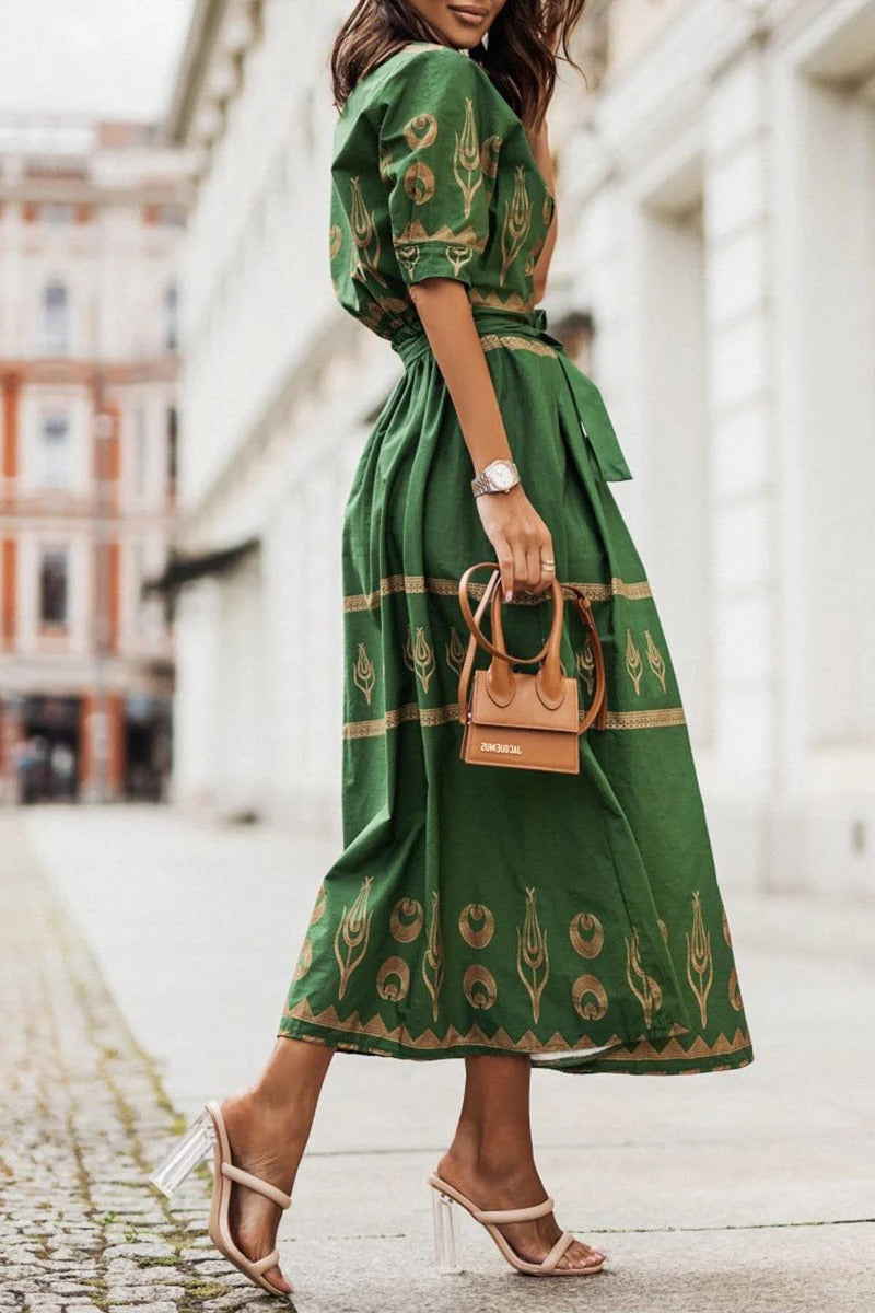Ines | Women's Embroidered Short Sleeve Belted Midi Dress