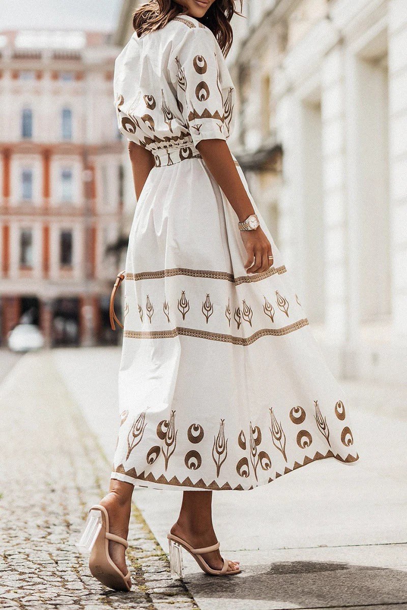 Ines | Women's Embroidered Short Sleeve Belted Midi Dress