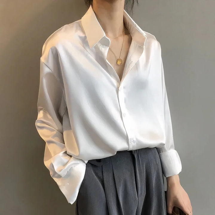 Luna | Women's Satin Long Sleeve Button Down Shirt Blouse